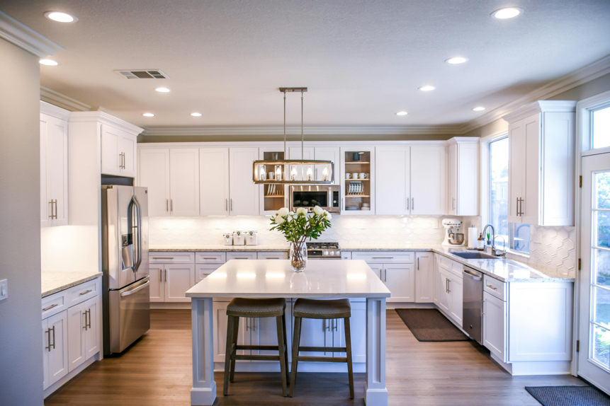 Bright modern kitchen with white cabinets and a central island.